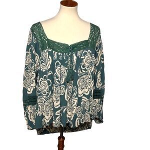 Angie Sz 3X Blouse Top Square Neck Lace Trimmed Floral Victorian Boho Peasant